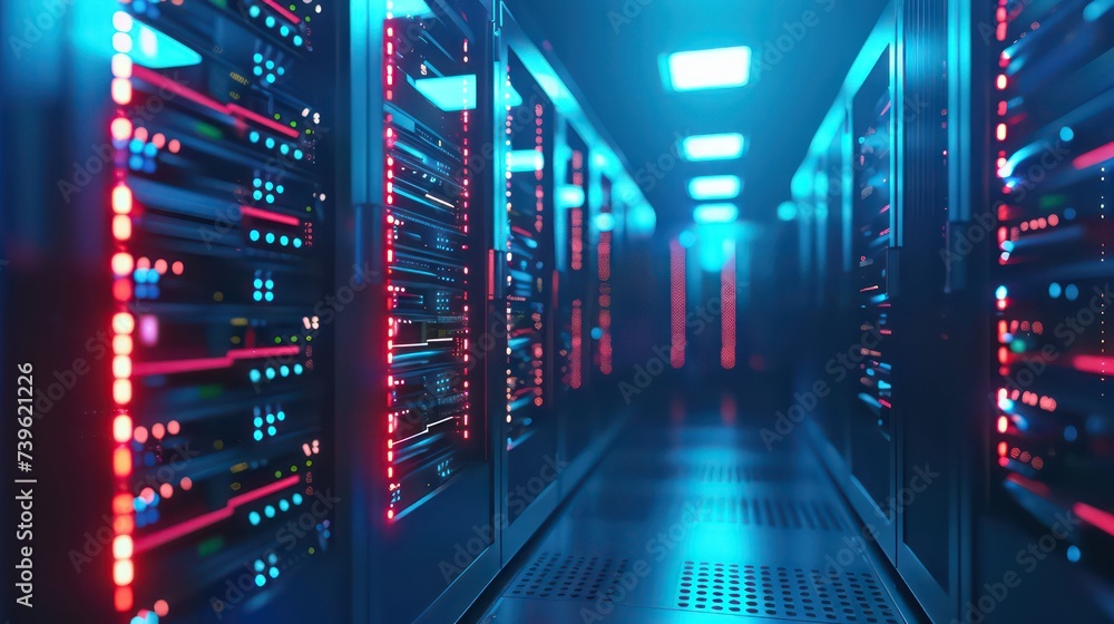 A data server area, in the style of dark teal and light red, selective focus, atmospheric environments, 3d, focus stacking, transparency and lightness