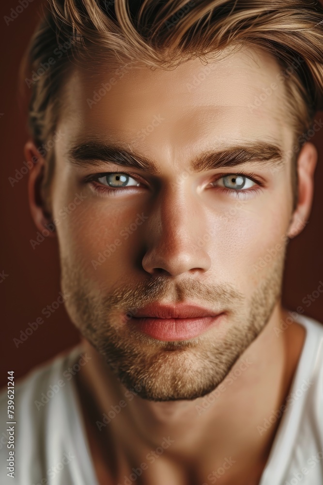 Obraz premium Close Up Portrait of Man With Blue Eyes. Generative AI