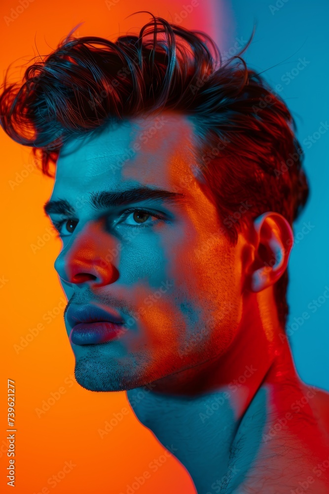 Messy-Haired Man Standing in Front of Orange and Blue Background. Generative AI Messy-Haired Man Standing in Front of Orange and Blue Background. Generative AI