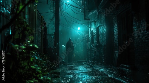 Noir crime scene shadowed alley victims perspective night stalker lurking cinematic lighting intense dark atmosphere suspenseful