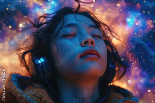 Woman With Headphones Gazing at Sky. Generative AI