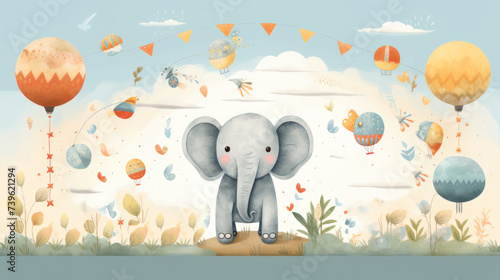 Cute cartoon illustration of a sitting elephant with a children's theme in pastel colors.
