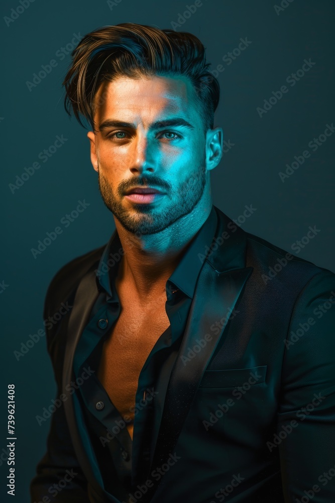 Obraz premium Stylish Man Wearing Black Shirt and Jacket. Generative AI