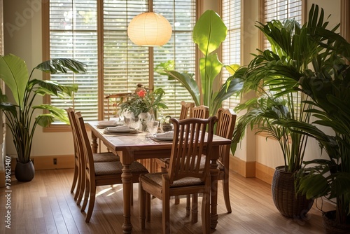 Tropical Plant Villa Vibes: Earthy Tones in Spacious Dining Rooms