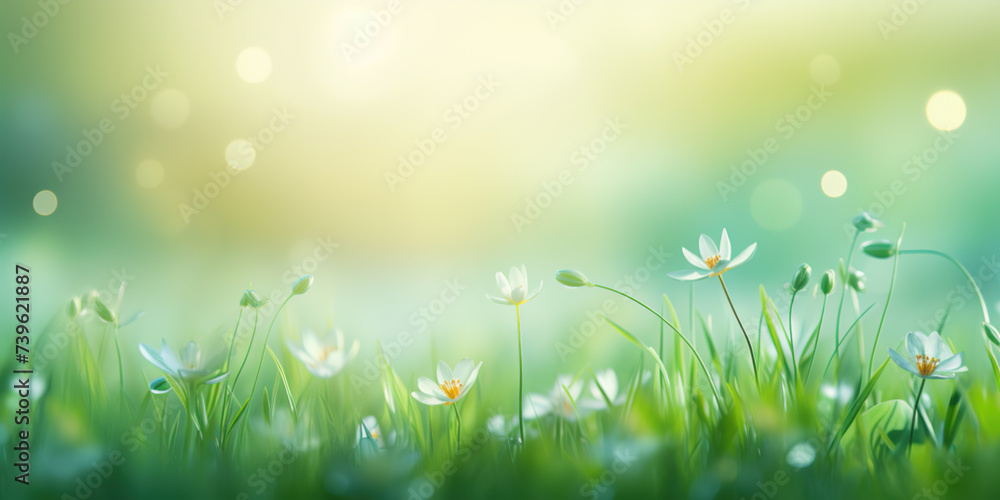 Light green blurred background with green grass, beautiful little flowers and natural lighting, copy space