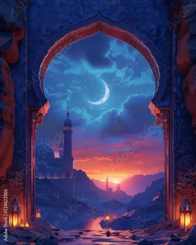 Mystical Arabian night scene with crescent moon, lanterns, and silhouette of a palace.