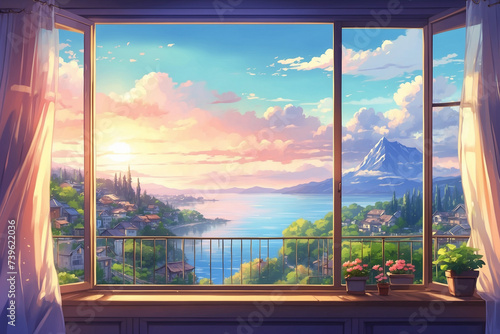 The window of the house with the view outside is bright. without people. In anime style