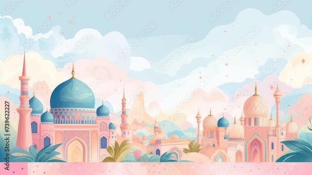 	
Dome mosque islam ramadan illustration, islamic prayer month of Ramadan and eid al fitr, moslem ornament decoration greeting card copy space text background template.	
