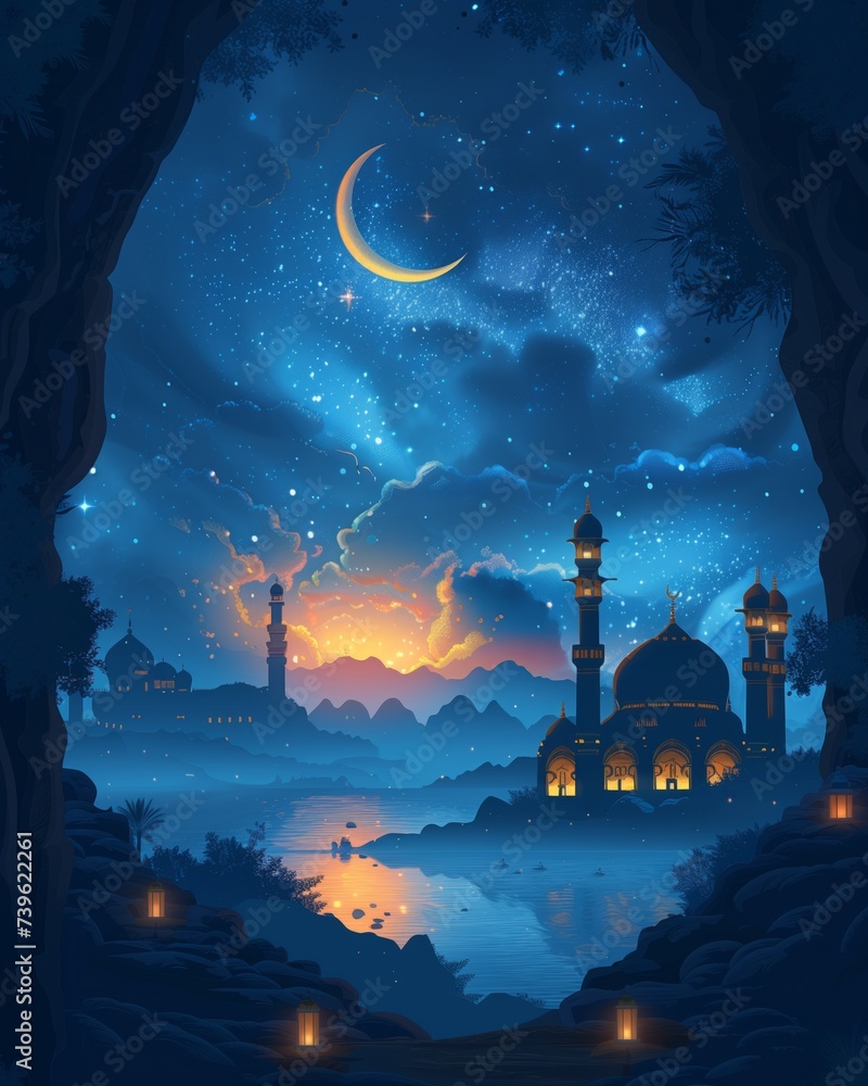Enchanting night scene with crescent moon over an Eastern cityscape featuring silhouettes of mosques