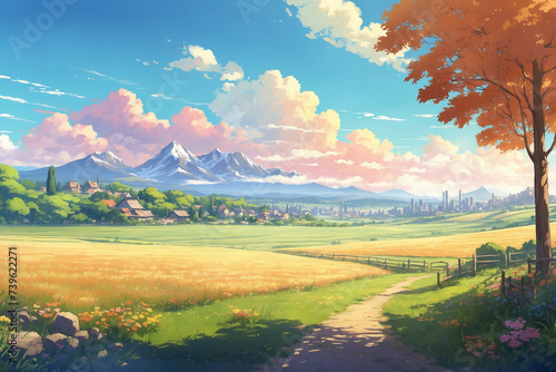 Countryside on a sunny day during the day. Without people. In anime style