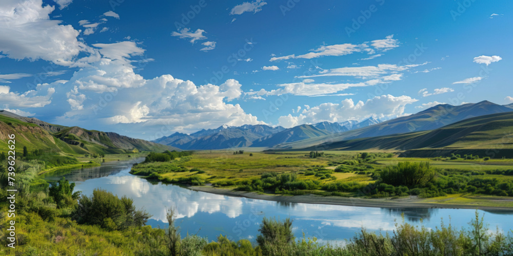 Obraz premium Vast, sprawling landscape, with rolling hills and towering mountains in the distance