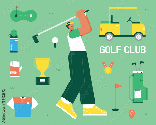 A character doing a golf swing. Golf objects of simple design are organized around him. flat vector illustration.