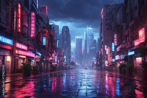 City center on a rainy night, with neon lights as blue and red lighting. Without people