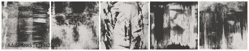 Grunge texture square templates with dot halftones for social post or covers. Old overlay texture with scratches and dirty effect. Ink brush strokes mess. Vector retro vintage background collection.