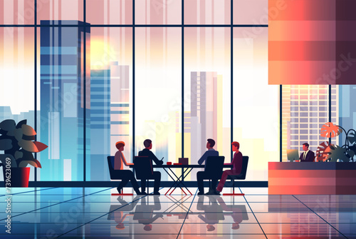 businesspeople discussing during meeting in hotel lobby business people sitting near reception desk horizontal