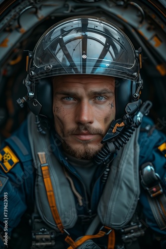 Pilot in the cockpit of a military aircraft. Yellow and blue elements on clothes. Military aviation. © INTHEBLVCK