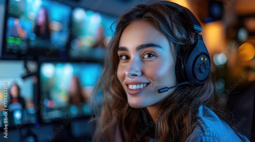 Professional Woman Smiling and Wearing Headset. Generative AI Professional Woman Smiling and Wearing Headset. Generative AI