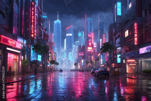 City center with a future concept on a rainy night  with neon lights as blue and red lighting. Without people