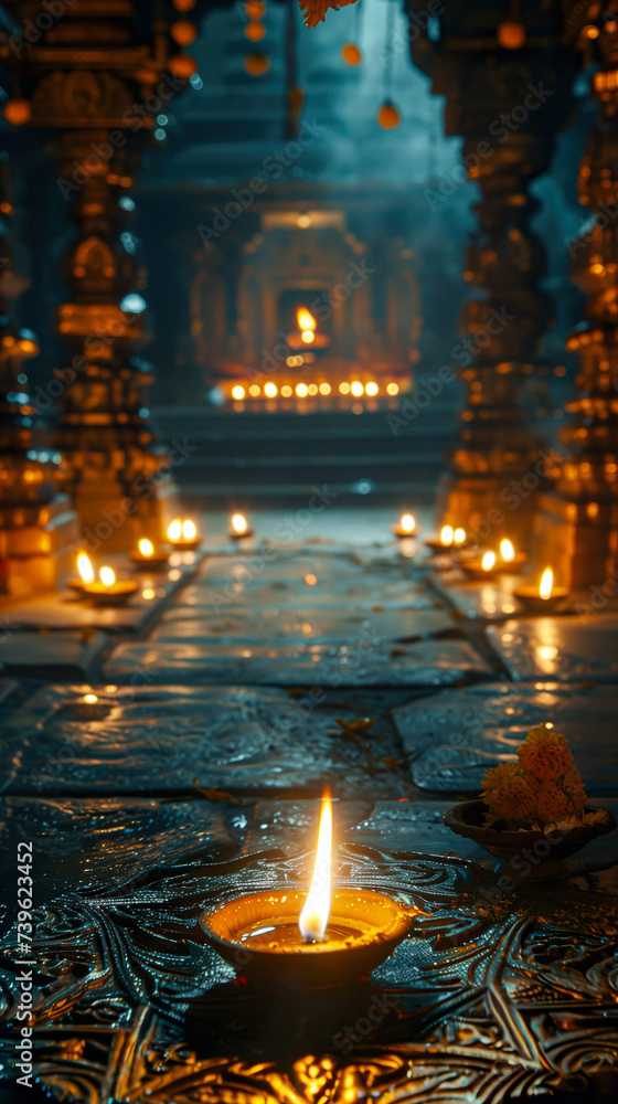Indian candle in old temple diwali celebration background