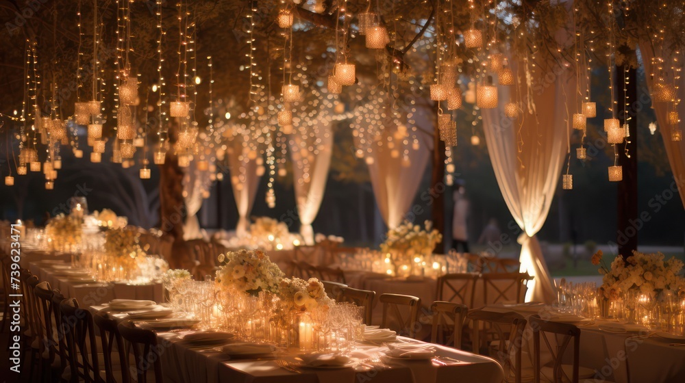Illustration of wedding reception table decoration with lace and flowers, beautiful sparkling lights at night.