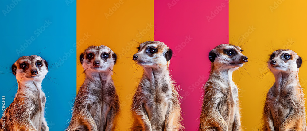 Creative Animal Concept. Meerkat in a Group, Vibrant Bright Fashionable Isolated on Solid Rainbow Background Advertisement, Copy Text Space.