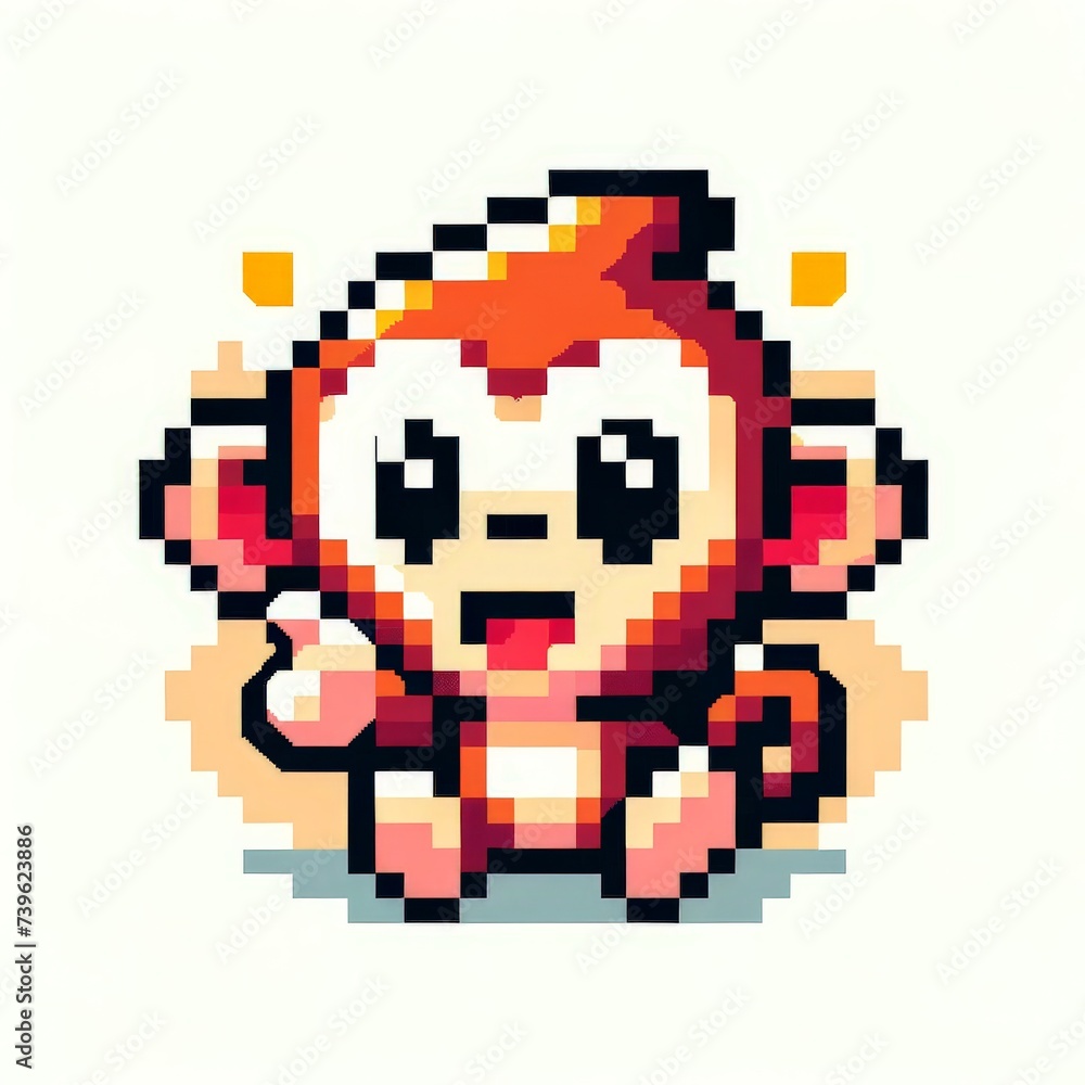 Fototapeta premium Pixel art of a monkey with a white background, in the style of early 90s video game console, cute 8 bit animal illustration