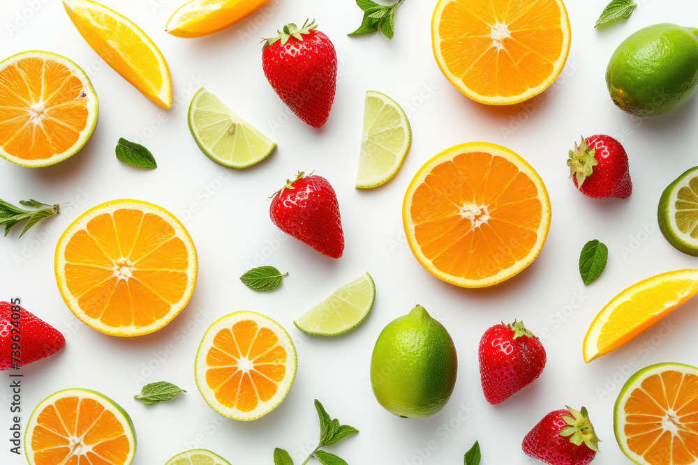 Top view cut orange strawberries and limes on white background, Flat lay minimal Top view cut orange strawberries and limes on white background, Flat lay minimal