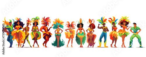 set Brazilian samba dancers girls wearing festival costume and dancing together carnival party concept horizontal
