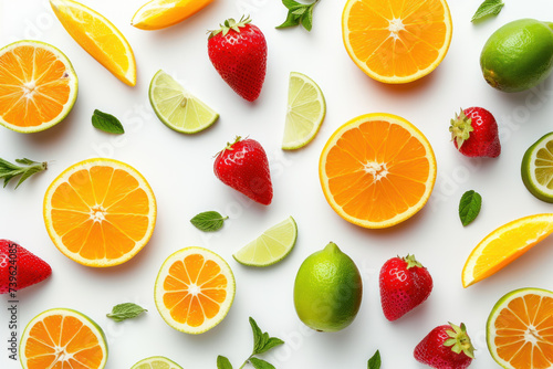 Top view cut orange strawberries and limes on white background, Flat lay minimal