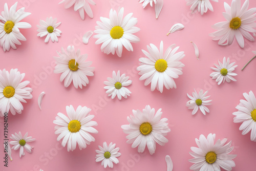 Flat lay seamless pattern with flower daisies on pink background, Flat lay minimal