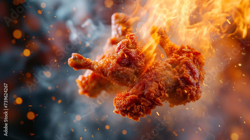 Fiery Spiced Fried Chicken Wings in Mid-Air with Flames © Aikon