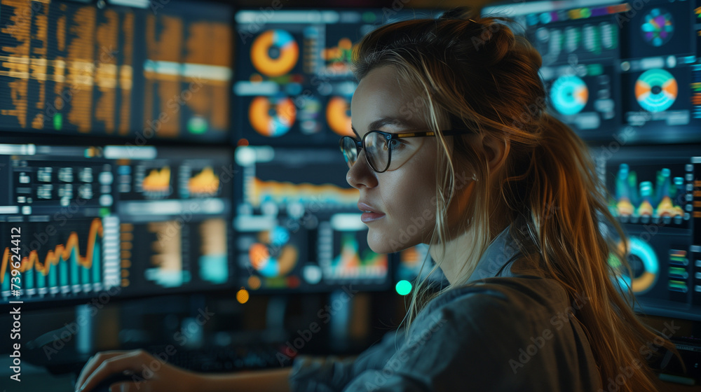 a female data analyst is looking at a bunch of data visualization and various graphs on three computer screens. Women analyze financial markets on computer screen looking serieous a female data analyst is looking at a bunch of data visualization and various graphs on three computer screens. Women analyze financial markets on computer screen looking serieous