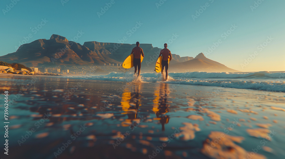 Naklejka premium Two male surfers go surfing in the sea. Two men carrying surfboards run into the sea for surfing in Cape Town South Africa at sunset