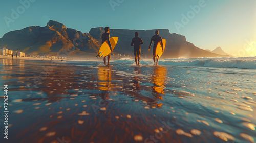 male surfers go surfing in the sea. Two men carrying surfboards run into the sea for surfing in Cape Town South Africa at sunset