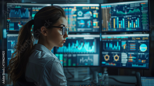 a female data analyst is looking at a bunch of data visualization and various graphs on three computer screens. woman analyze financial markets on computer screen, dark room