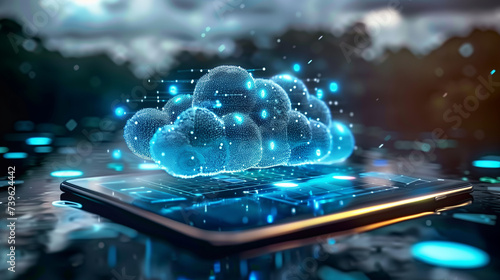 Cloud background design on an electronic pad, surrounded by light, depicting a storage technology online cloud for sharing files concept photo