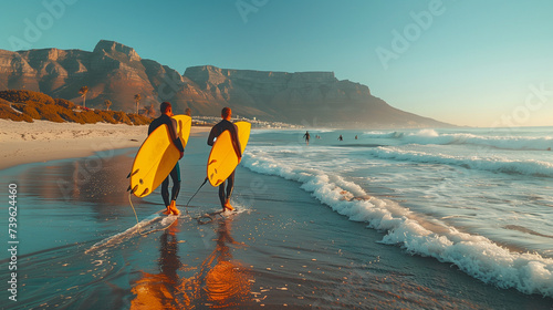 Two male surfers go surfing in the sea. Two men carrying surfboards run into the sea for surfing in Cape Town South Africa