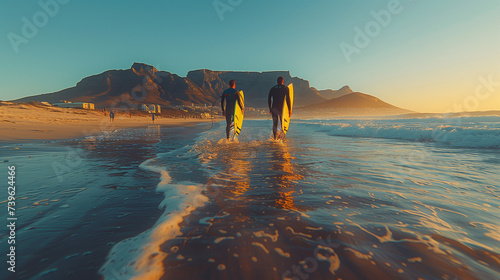 surfers go surfing in the sea. Two men carrying surfboards run into the sea for surfing in Cape Town South Africa photo