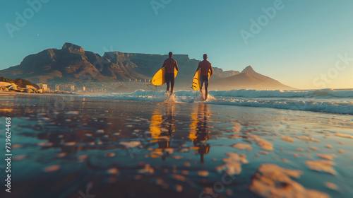 Two male surfers go surfing in the sea. Two men carrying surfboards run into the sea for surfing in Cape Town South Africa at sunset photo