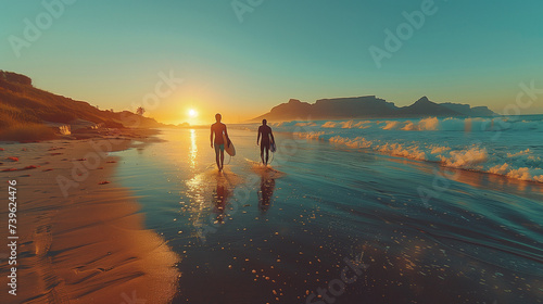 Two male surfers go surfing in the sea. Two men carrying surfboards on the beach for surfing in Cape Town South Africa