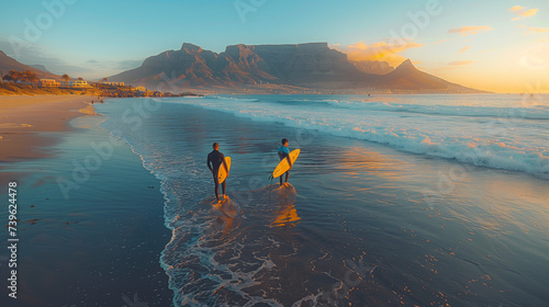 Two male surfers go surfing in the sea. Two men carrying surfboards run into the ocean for surfing in Cape Town South Africa