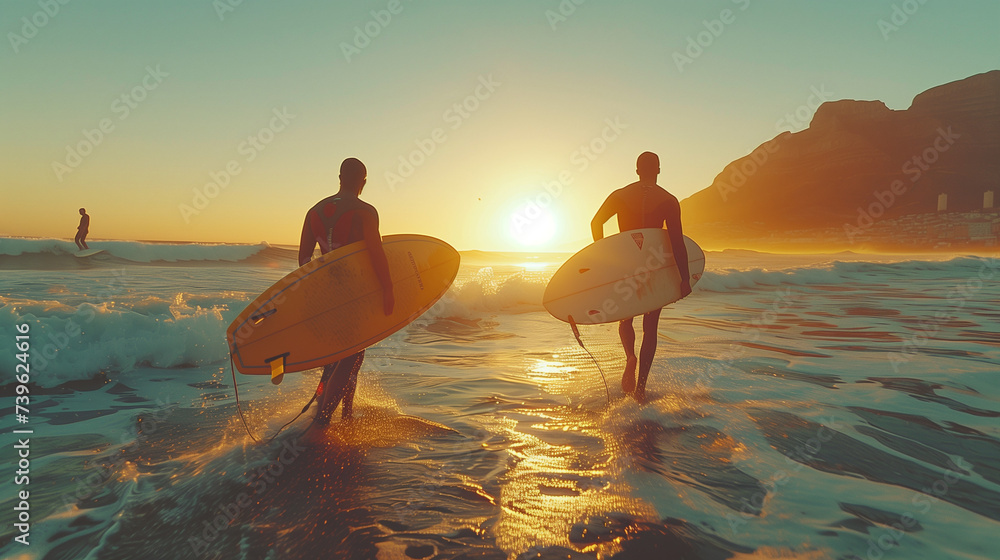 Obraz premium Two male surfers go surfing in the sea at sunset. Two men carrying surfboards run in to the sea for surfing in Cape Town