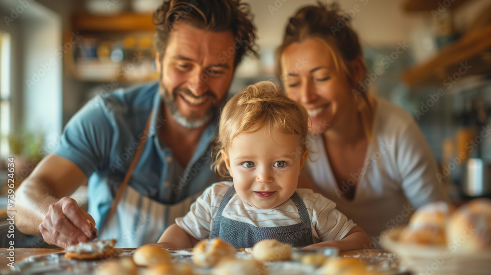 A playful dad feeding his son a slice of bread while his wife prepares breakfast. Family of three having fun together in the kitchen. Mom and Dad spend quality time with their son. A playful dad feeding his son a slice of bread while his wife prepares breakfast. Family of three having fun together in the kitchen. Mom and Dad spend quality time with their son.