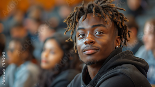 Black Male students sitting in a university classroom looking away and smiling. Man sitting in lecture in high school classroom