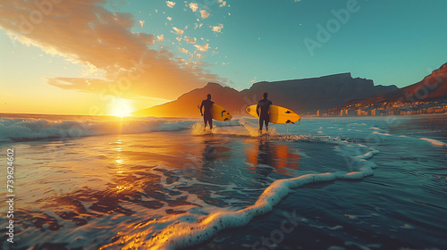 Two male surfers go surfing in the sea. Two men carrying surfboards run in to the sea for surfing in Cape Town South Africa