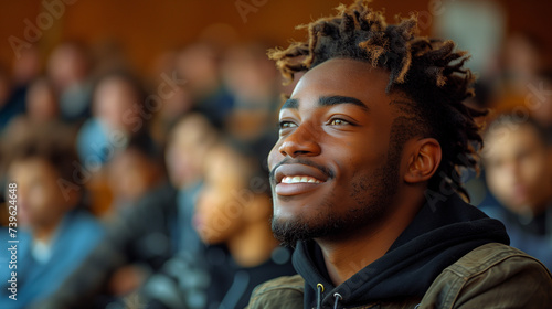  Black Male student sitting in a university classroom looking away and smiling. Black Man sitting in lecture in high school classroom © Fokke Baarssen