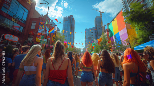 Rear view of people in the pride parade. A group of people on the city street with a gay rainbow flag support lgbtqi, crowd of people