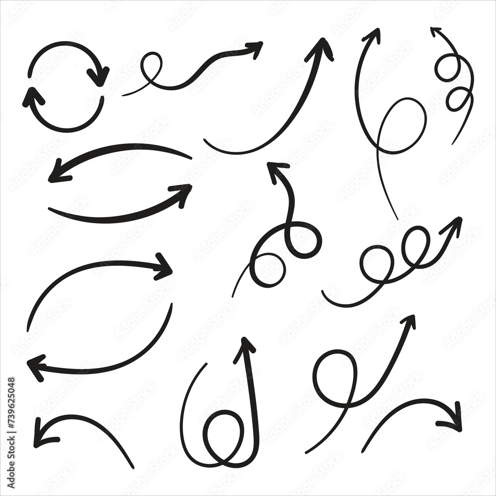 Vector illustration. Set of hand drawn arrows. Vector illustration isolated on white background.  