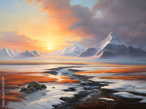 Mountain Majesty .Winter Landscape with Sunrise and Sunset Over Snowy Peaks, Reflecting in a Crystal Clear river