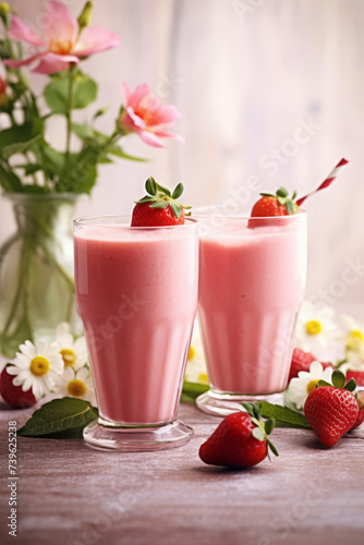 Strawberry smoothie in glasses on pink table with fresh berries